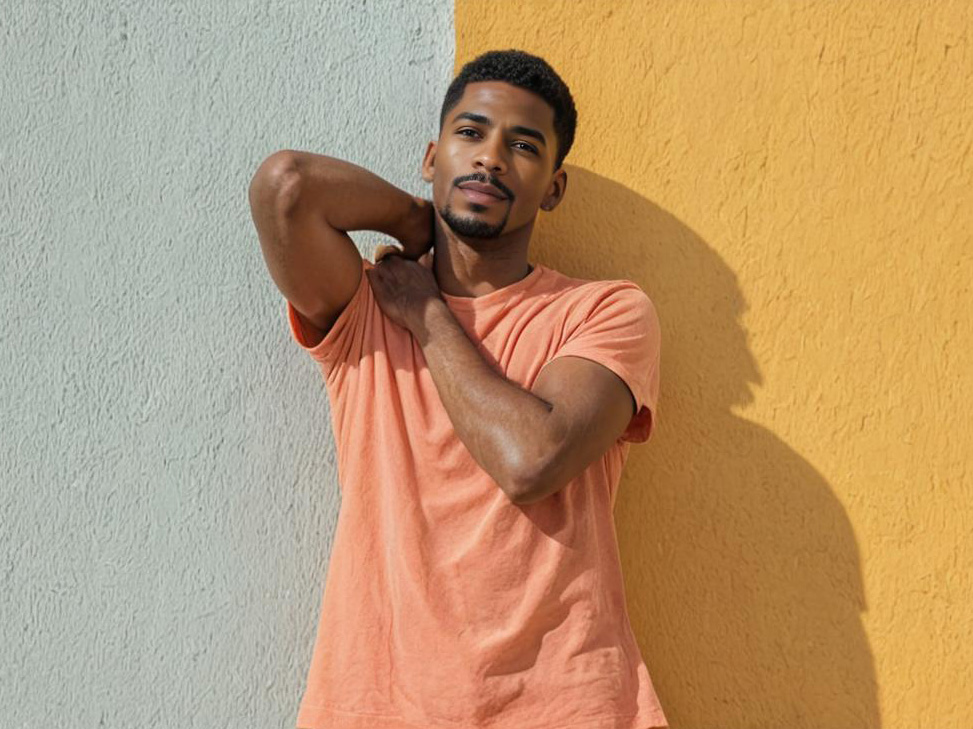 Man in Coral T-shirt Outdoors