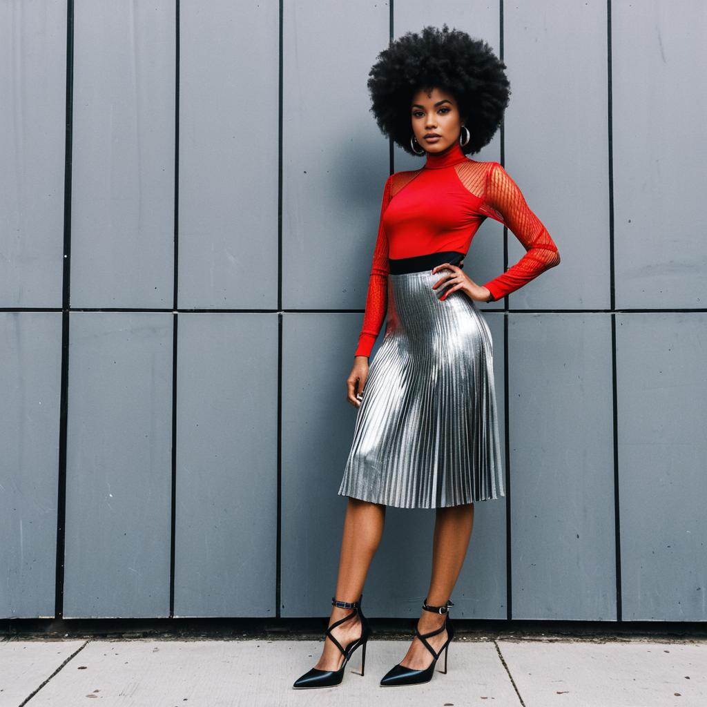 Stylish Woman in Red Top and Metallic Silver Skirt Standing Against Gray Wall
