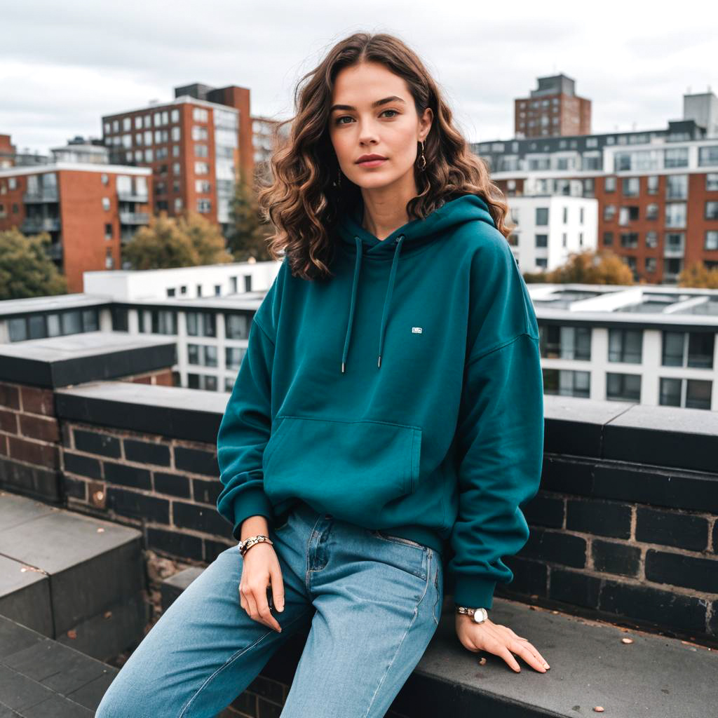 Stylish woman in turquoise hoodie on rooftop