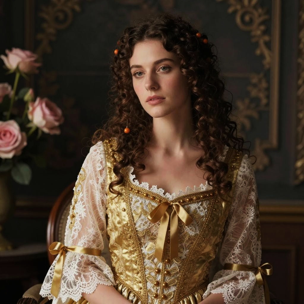 Young Woman in Elegant Renaissance-Style Gold and Lace Gown