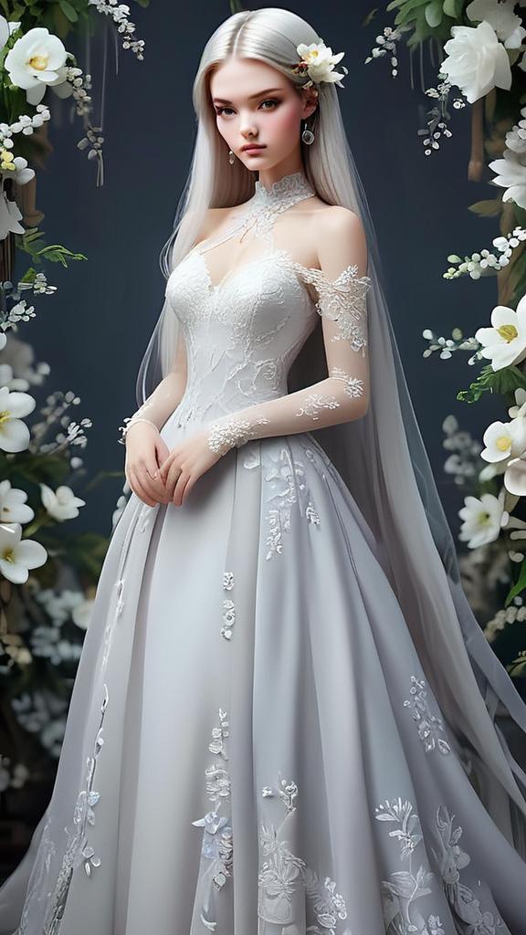 Elegant Woman in White Wedding Dress Among White Flowers Elegant Woman in White Wedding Dress Among White Flowers