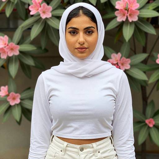 Confident Young Woman in White Hijab with Floral Background
