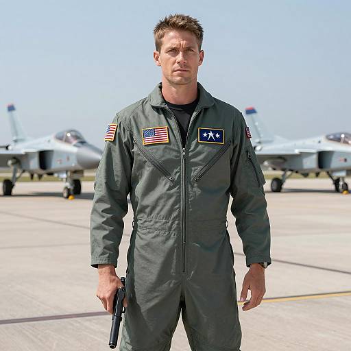 Male Fighter Pilot in Flight Suit with Fighter Jets on Runway