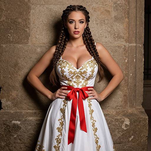 Elegant Woman in White Gold Embroidered Dress with Red Sash Against Stone Wall
