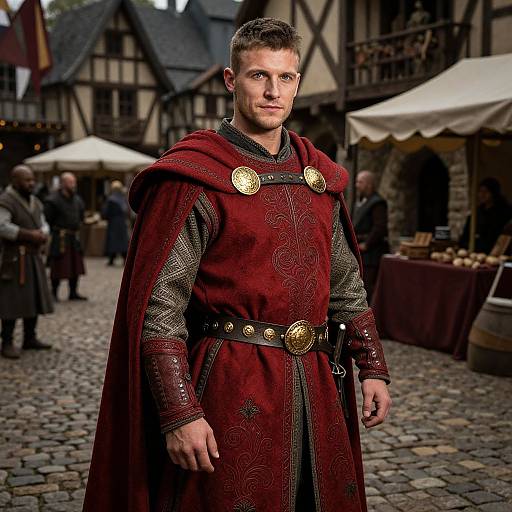 Medieval Man in Red Tunic and Cape in Historic Cobblestone Street