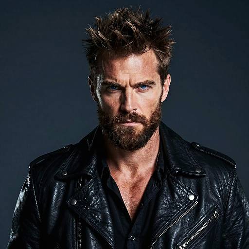 Rugged Man in Black Leather Jacket with Bold Gen Z Style