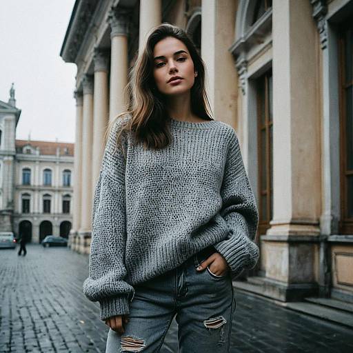 Young Woman in Cozy Grey Sweater and Ripped Jeans by Classic Urban Architecture