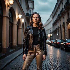 Stylish Woman in Leather Jacket on European Cobblestone Street at Twilight