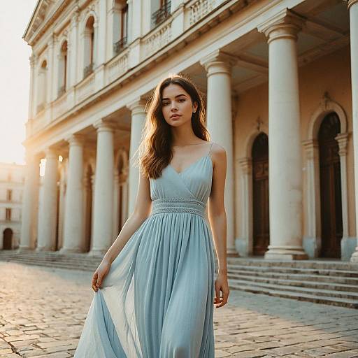 Elegant Woman in Light Blue Dress by Classical Columned Building at Sunset