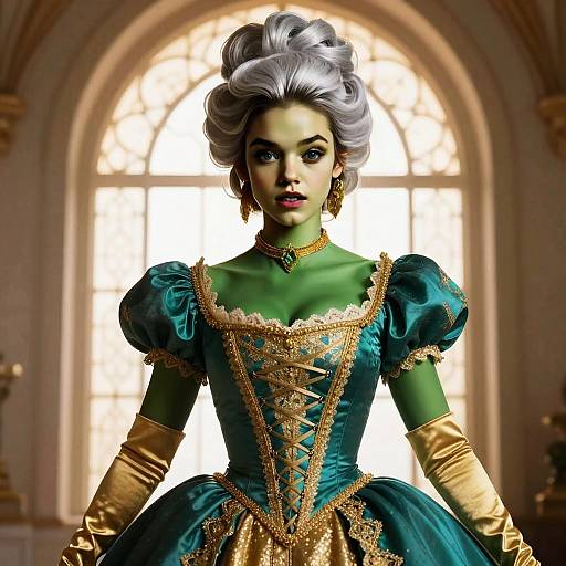 Fantasy Portrait of Green-Skinned Woman in 18th Century Gown