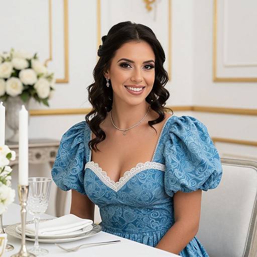 Elegant Woman in Blue Renaissance-Inspired Dress at Formal Dining Table