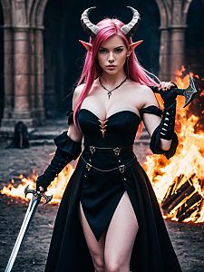 Fantasy Warrior Woman with Pink Hair and Horns Holding Sword and Axe