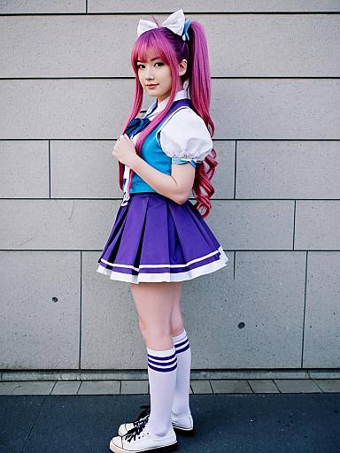 Cosplay Woman in Pink Hair and Purple School Uniform Outfit