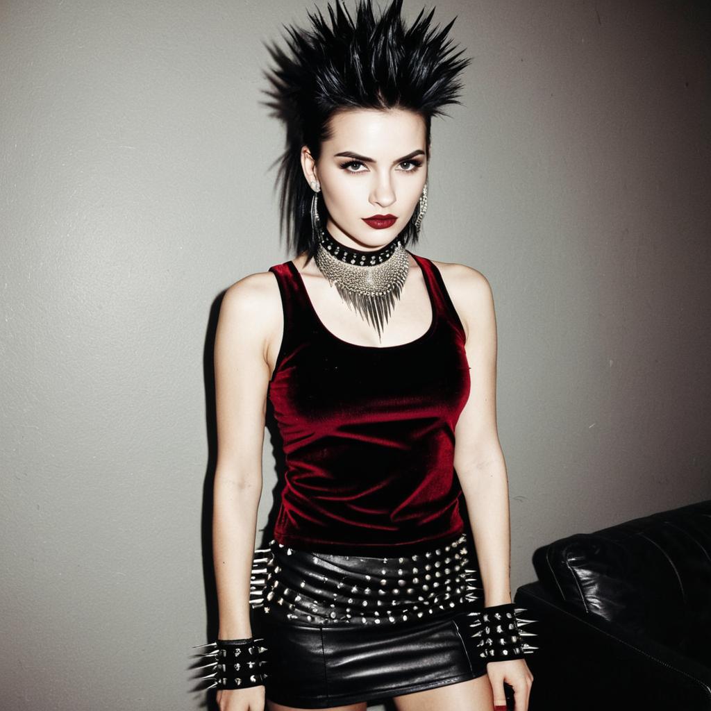 Punk Woman with Spiked Accessories and Bold Makeup in Velvet Top
