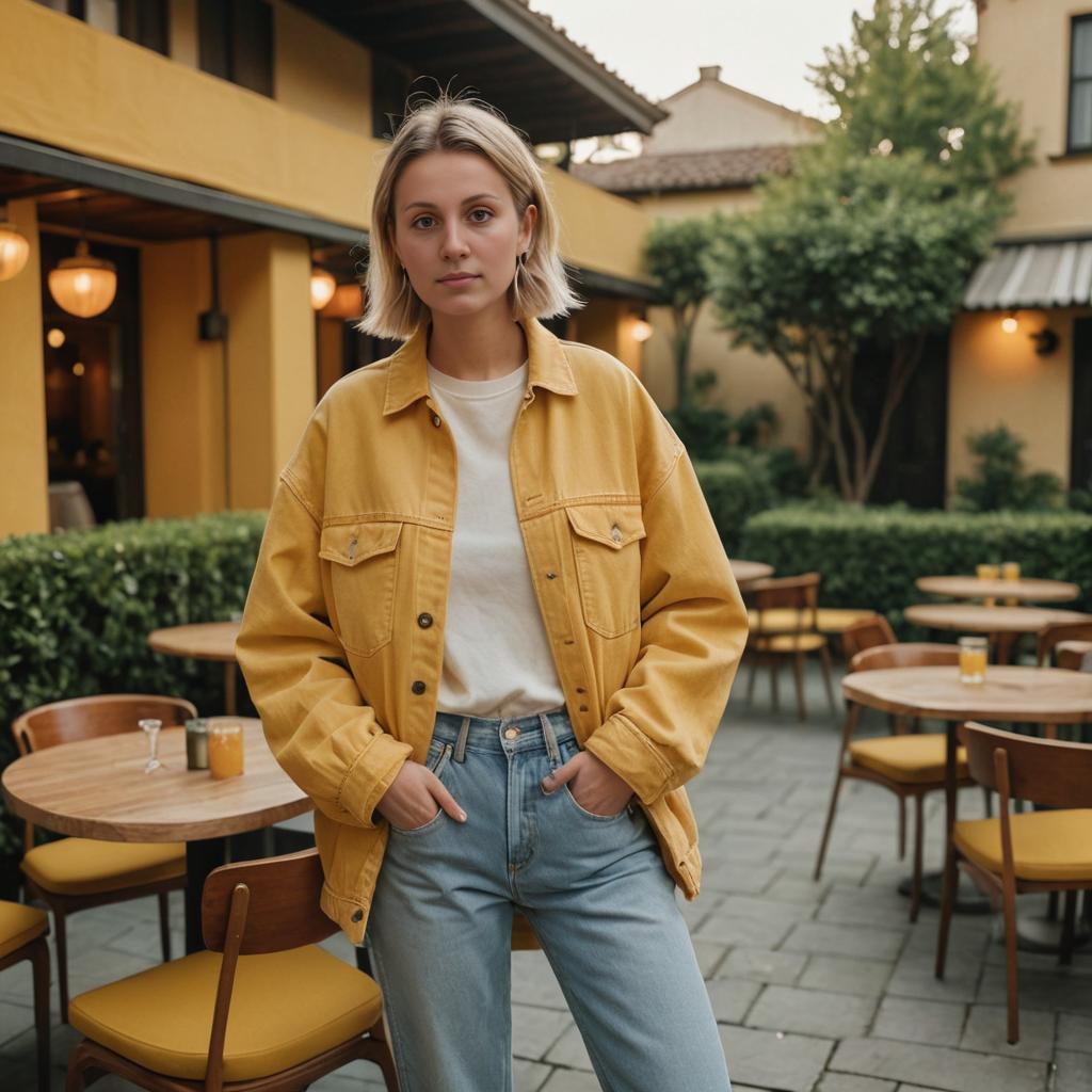 Confident Woman in Yellow Jacket at Urban Cafe