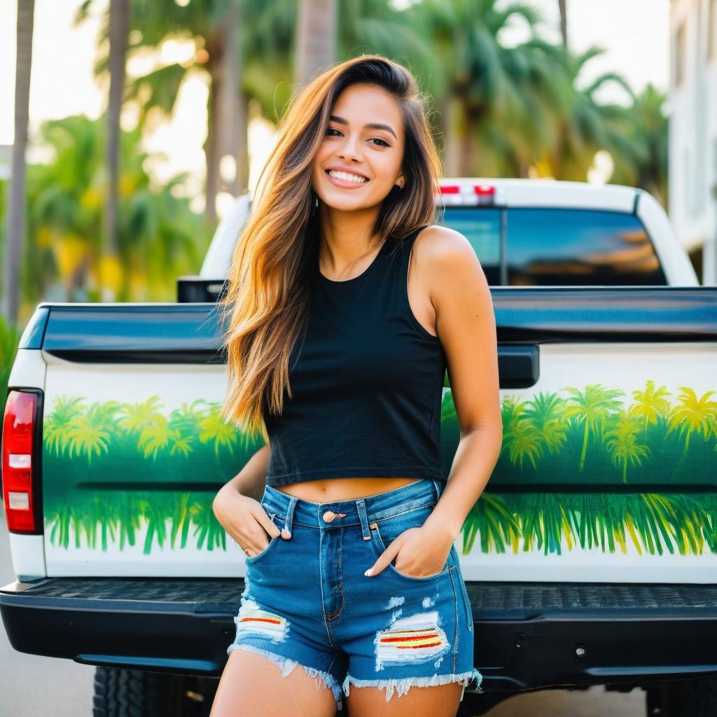 Young Woman in Casual Summer Outfit Posing by Tropical Design Pickup Truck