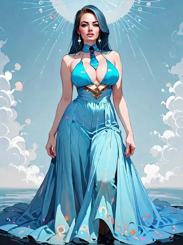 Fantasy Illustration of Confident Woman in Flowing Blue Dress with Celestial Background