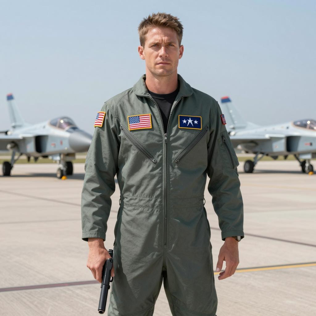 Male Fighter Pilot in Flight Suit with Fighter Jets on Runway