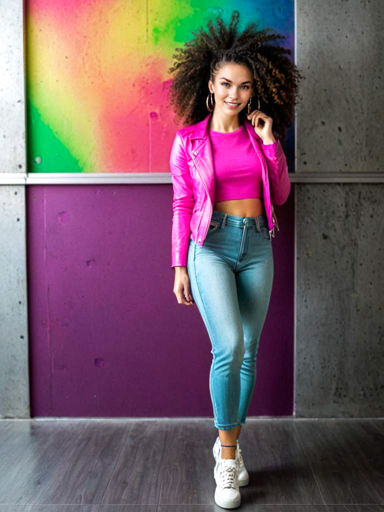 Stylish Young Woman in Rainbow Background