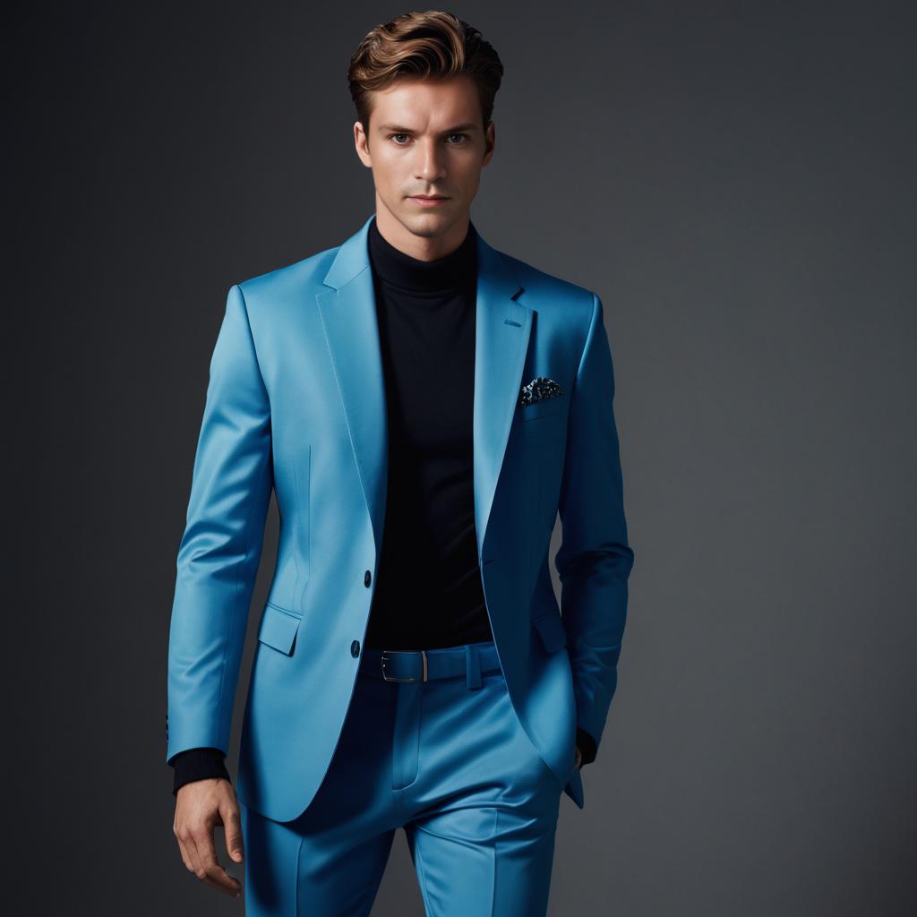 Stylish Man in Light Blue Suit and Black Turtleneck