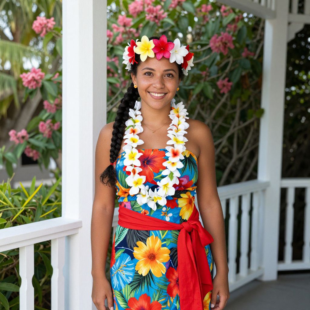Smiling Woman in Colorful Floral Dress with Hawaiian Lei and Flower Crown