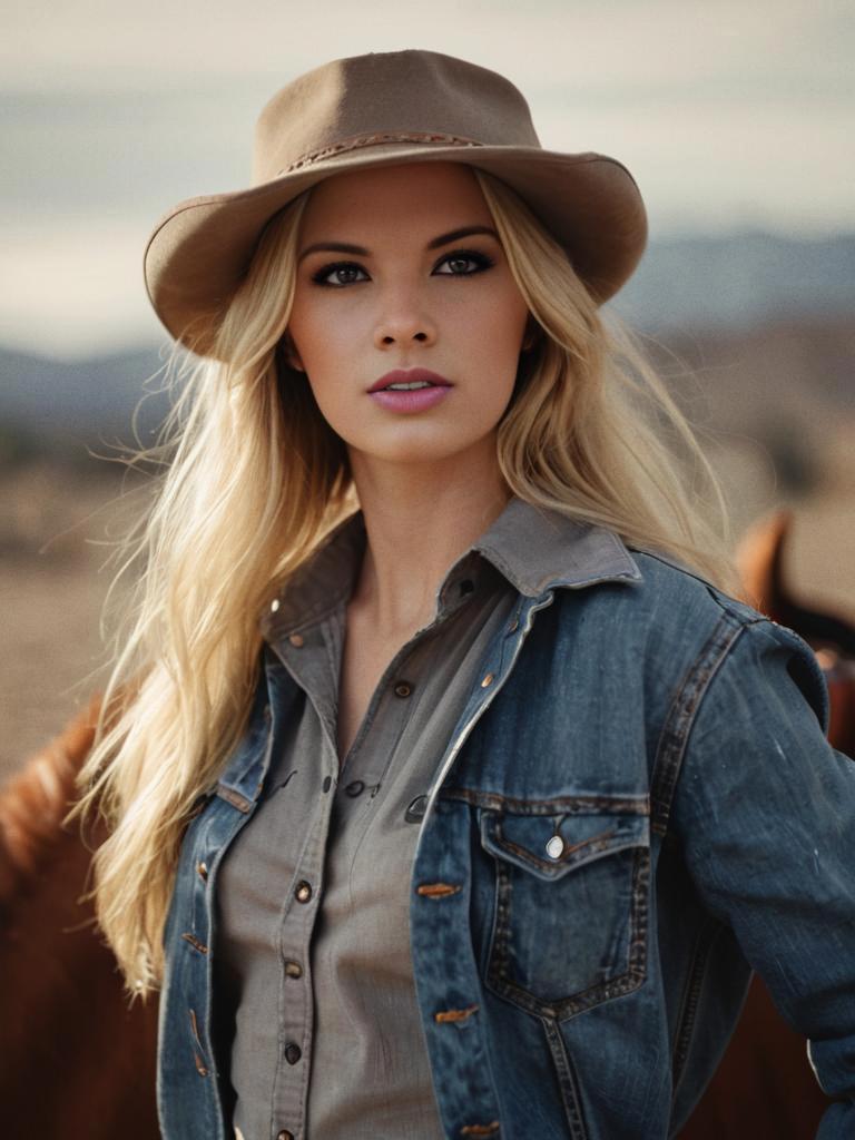 Blonde Woman in Beige Hat and Denim Jacket Outdoors