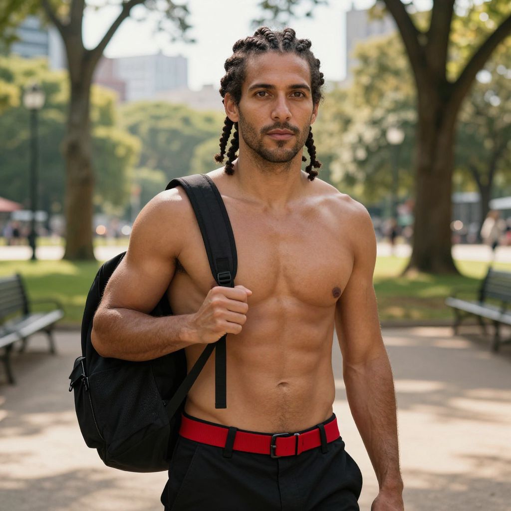Shirtless Man with Braided Hair and Backpack in Urban Park