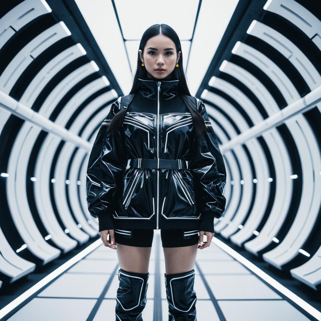 Futuristic Woman in Black Patent Leather Jacket and Boots in Sci-Fi Tunnel