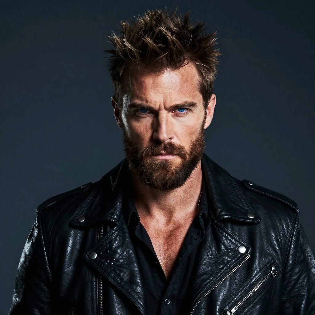 Rugged Man in Black Leather Jacket with Bold Gen Z Style