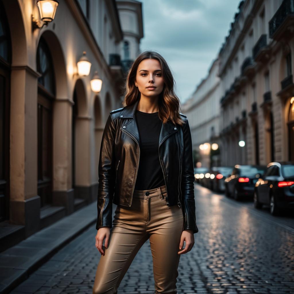 Stylish Woman in Leather Jacket on European Cobblestone Street at Twilight