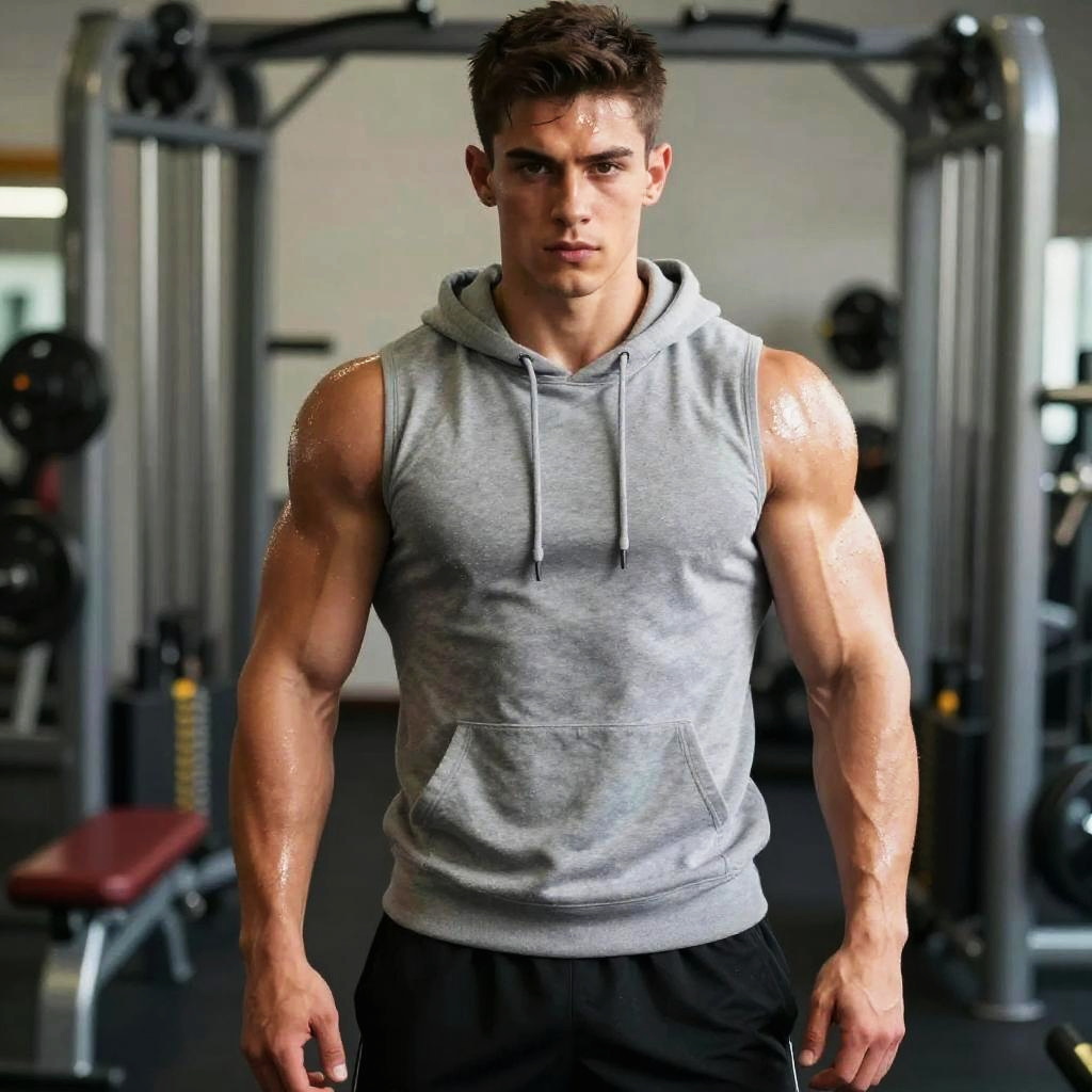 Fit Young Man in Gym Wearing Sleeveless Hoodie