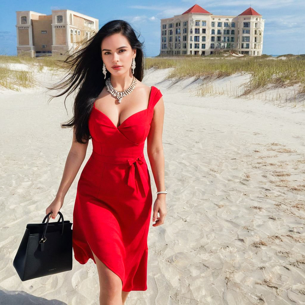 Confident Woman in Red Dress on Beach Confident Woman in Red Dress on Beach