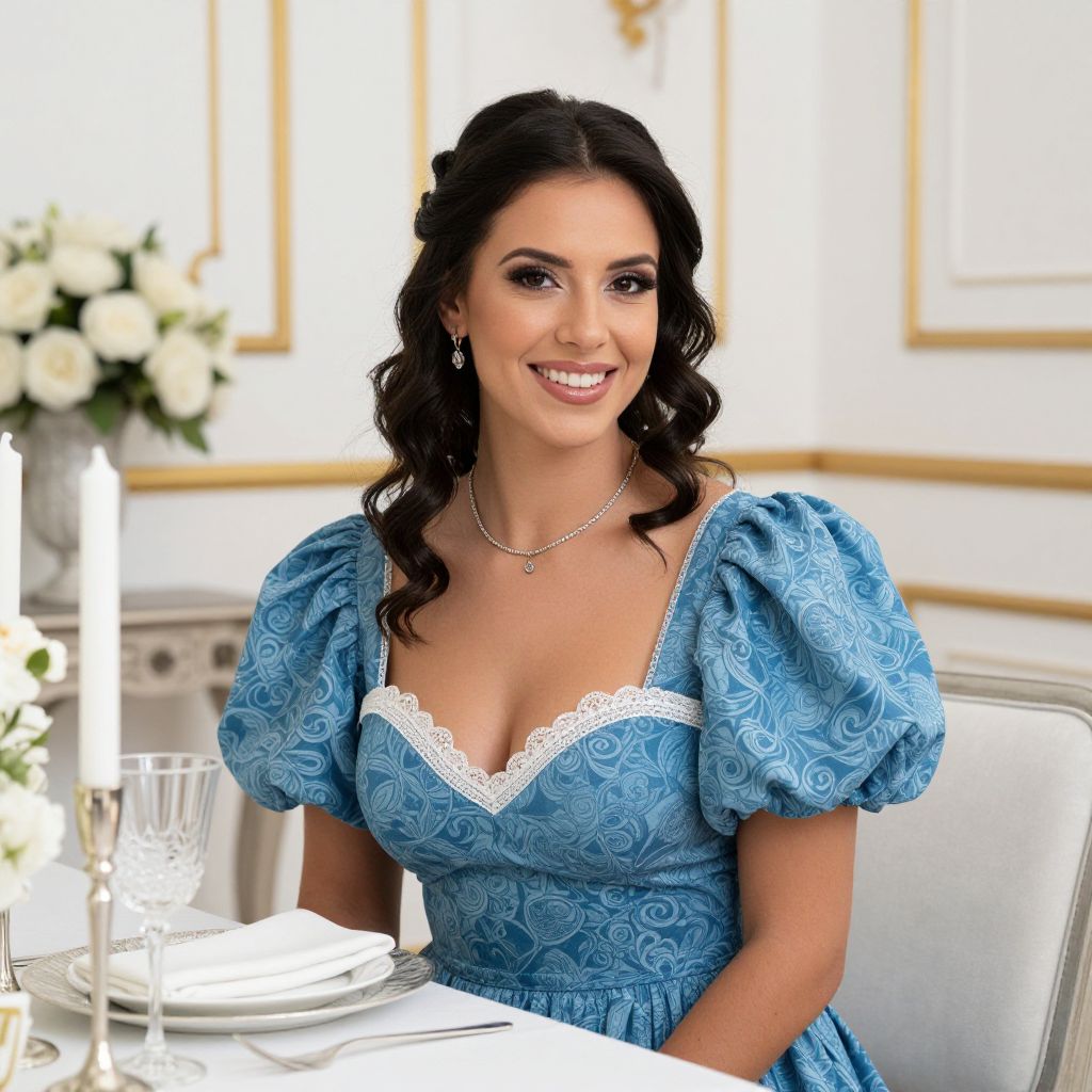 Elegant Woman in Blue Renaissance-Inspired Dress at Formal Dining Table