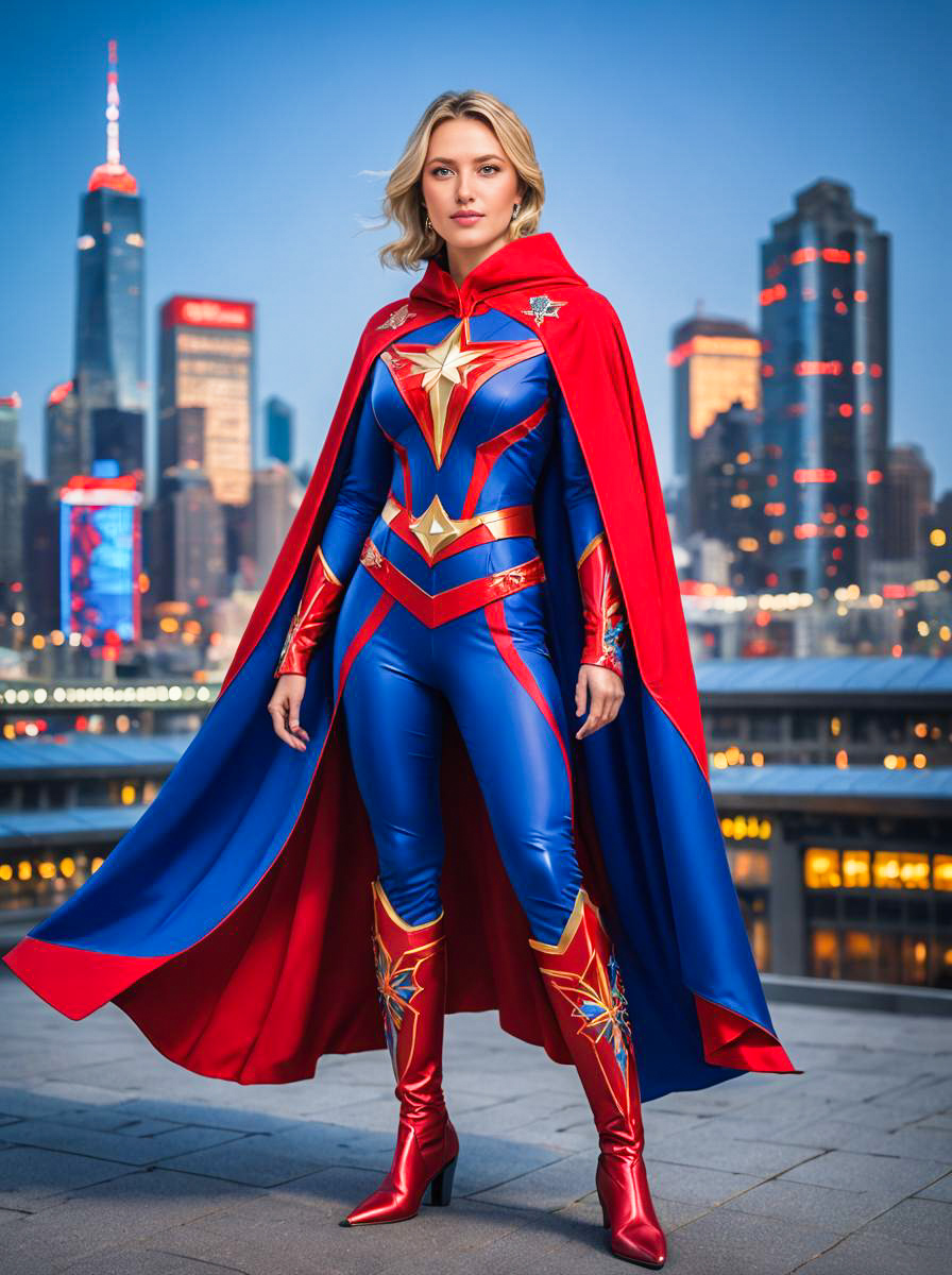 Superhero Woman in Blue and Red Costume with City Skyline