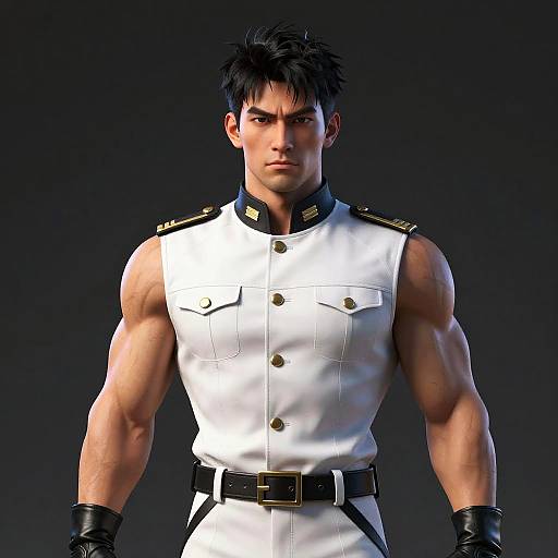 3D Render of Muscular Man in White Military-Style Uniform with Anime Influence
