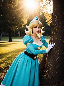 Realistic Rosalina Cosplay Photo of Woman in Blue Dress Outdoor