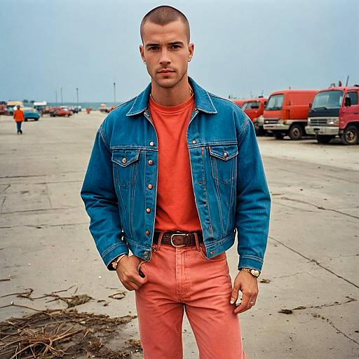 Young Man in Denim Jacket and Coral Outfit on Industrial Dock