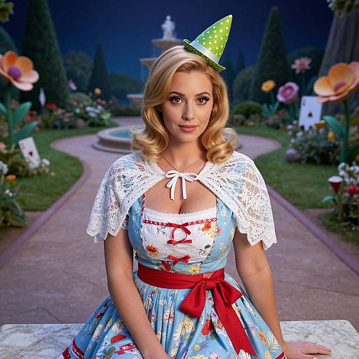 Woman in Vintage Floral Dress with Party Hat in Whimsical Garden