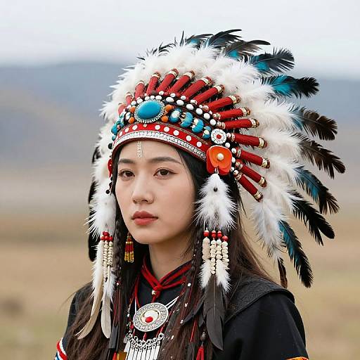 Woman Wearing Ornate Native American-Style Feather Headdress Outdoors