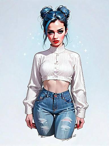 Realistic Digital Portrait of Woman in Cropped Shirt and Ripped Jeans