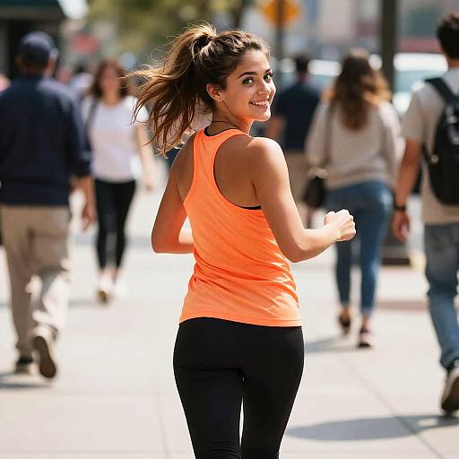 Young Woman Jogging Outdoors in Urban Area Wearing Orange Tank Top