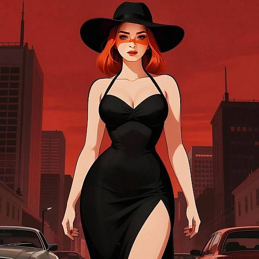 Stylish Red-Haired Woman in Black Dress Against Urban Sunset