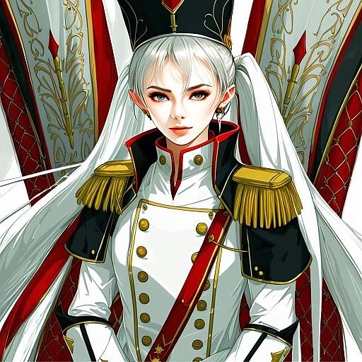 Anime Military Woman with Long White Hair in Ornate Uniform