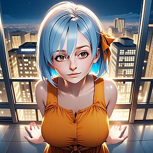 Young Woman with Blue Hair on City Balcony at Night