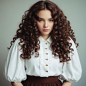Portrait of Woman with Voluminous Curly Hair in Vintage White Blouse