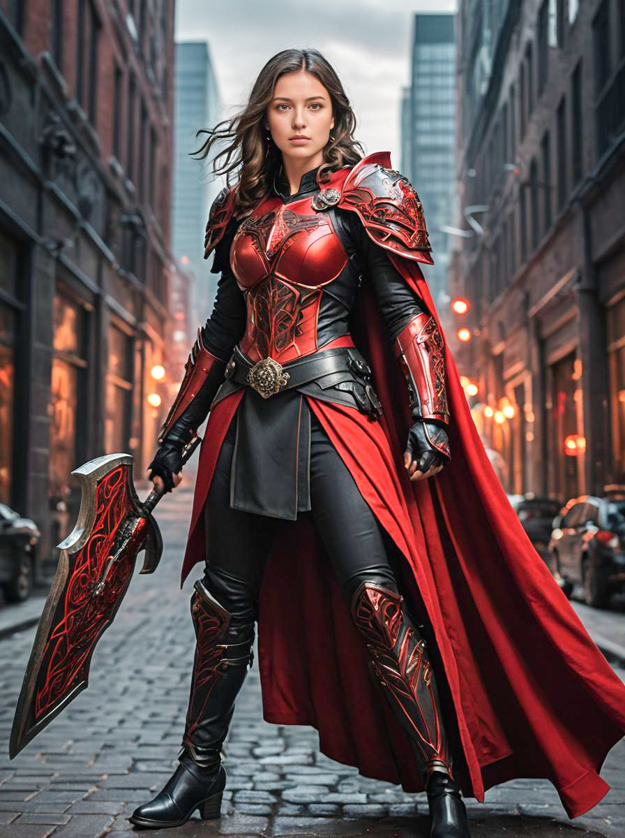 Fierce Female Warrior in Red and Black Armor