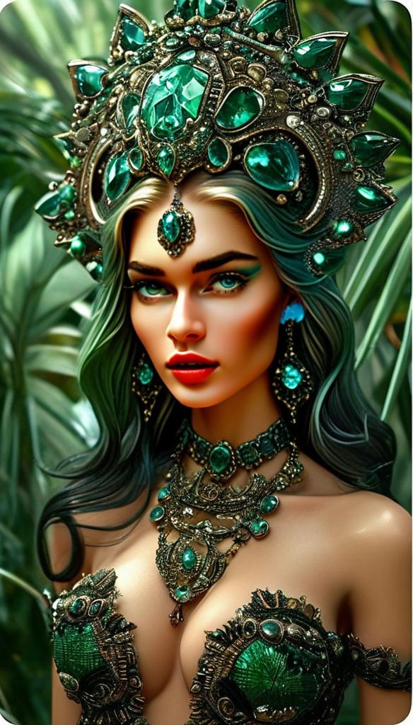 Regal Woman in Emerald Headdress and Jungle Backdrop Regal Woman in Emerald Headdress and Jungle Backdrop