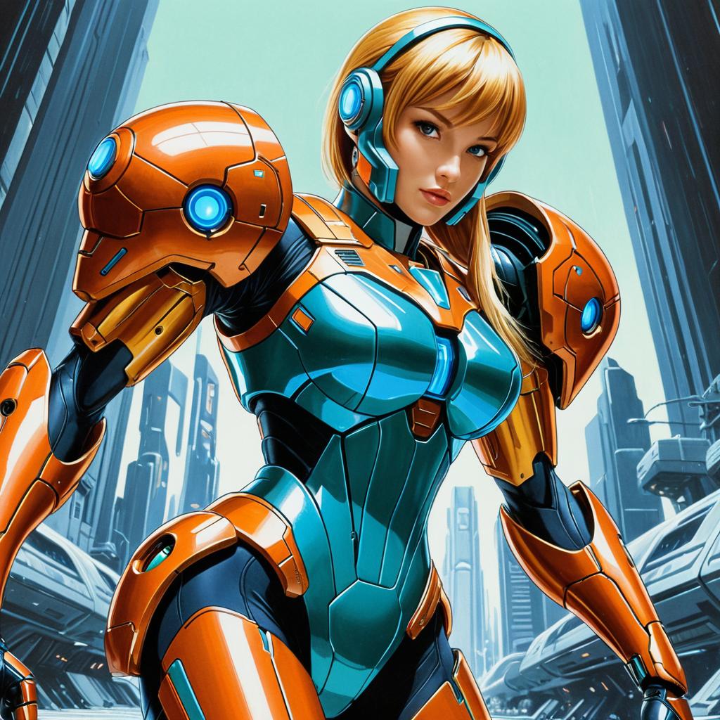 Futuristic Woman in Orange and Teal Armored Exosuit in Sci-Fi City