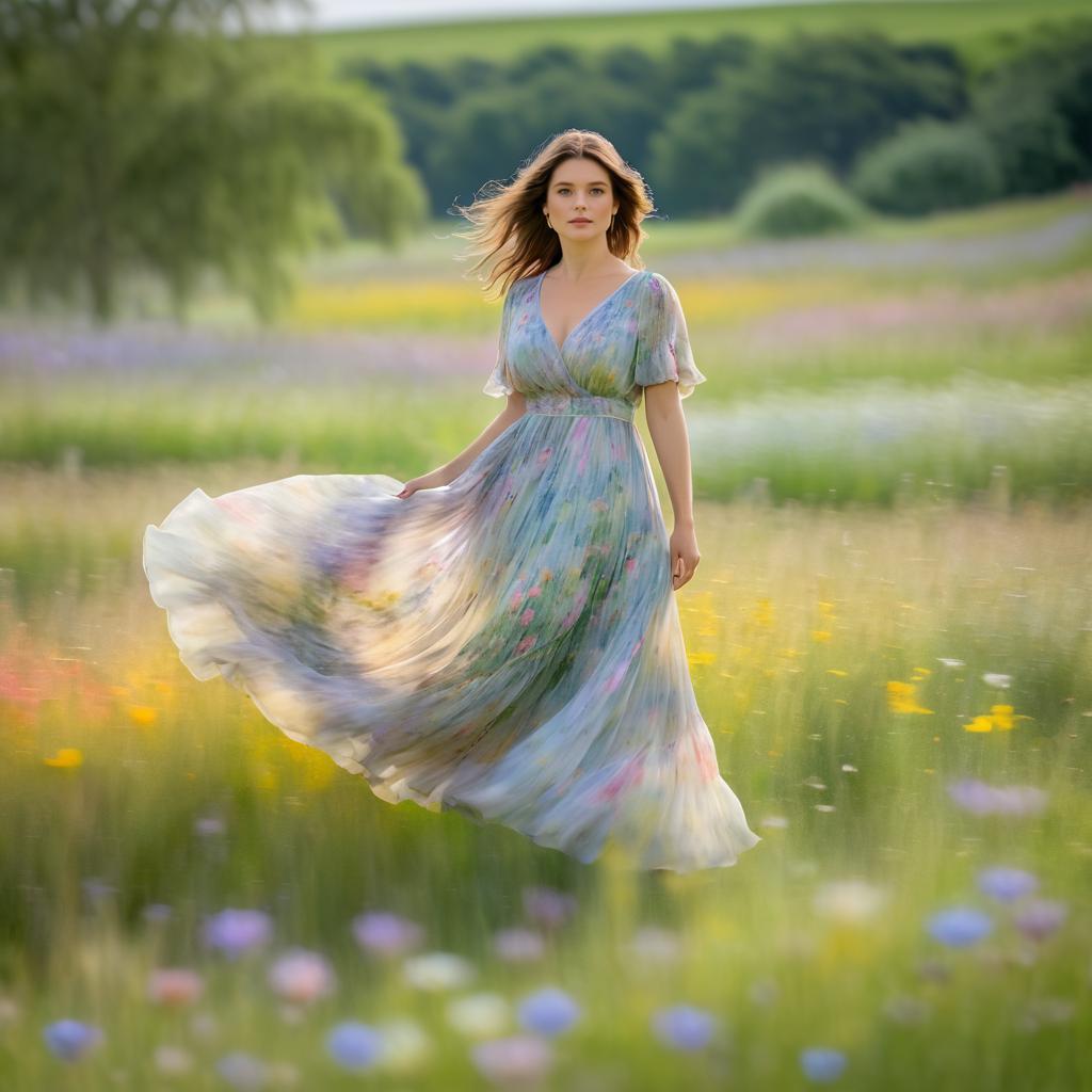 Elegant Woman in Vibrant Meadow with Floral Dress