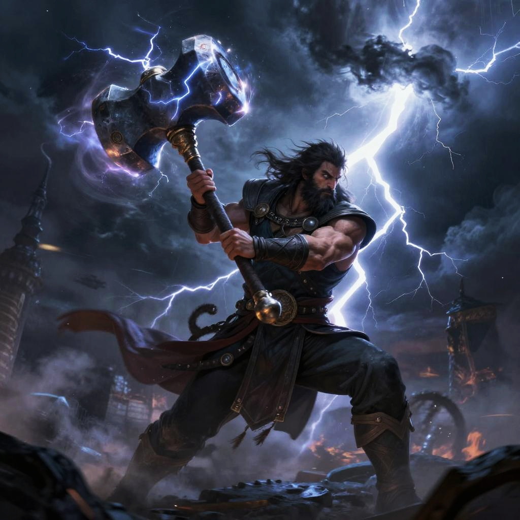 Epic Fantasy Warrior with Lightning Hammer in Stormy Battle Scene